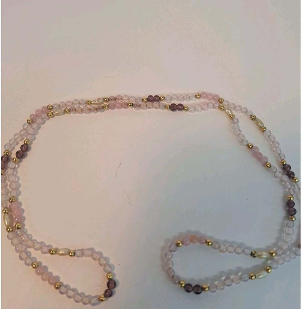 Vintage Delicate Beaded Strand Necklace.  Rose Quarts and Amethyst Gem Stones